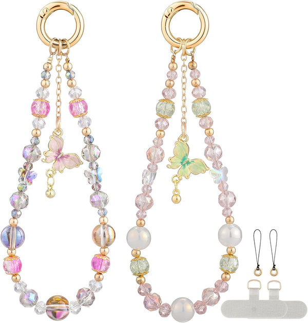 BESARME 2 Pcs Phone Charm Wristlet with Crystal Beads and Butterfly Pendant,