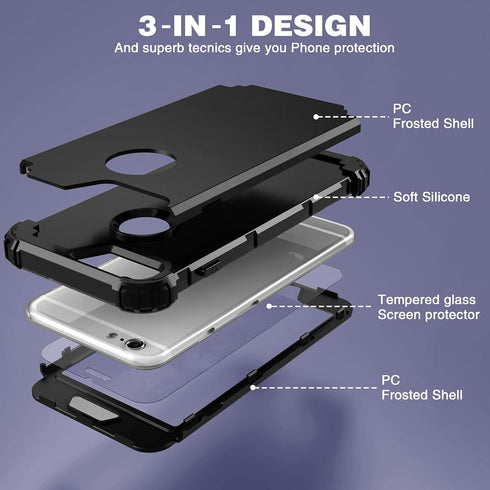IDweel iPhone 6S Plus Case with Tempered Glass Screen Protector, Black, 3 in 1 Shockproof Slim Hybrid Heavy Duty Cover