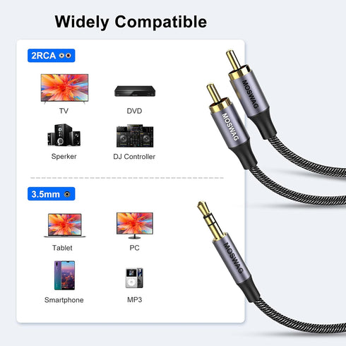 MOSWAG RCA Cable 3.3ft/1M, 3.5mm Male to 2RCA Male Stereo Audio Adapter Dual Shielded Gold-Plated Coaxial Cable Nylon Braided AUX RCA Y Cord for Smartphones,MP3,Tablets,Speakers,HDTV