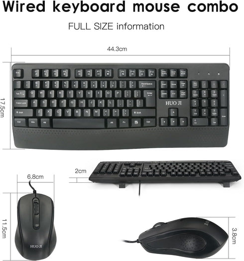 Wired Keyboard and Mouse Combo, 104 Keys Full-Size Ergonomic Computer Keyboard with Palm Rest, USB Plug-and-Play, Black