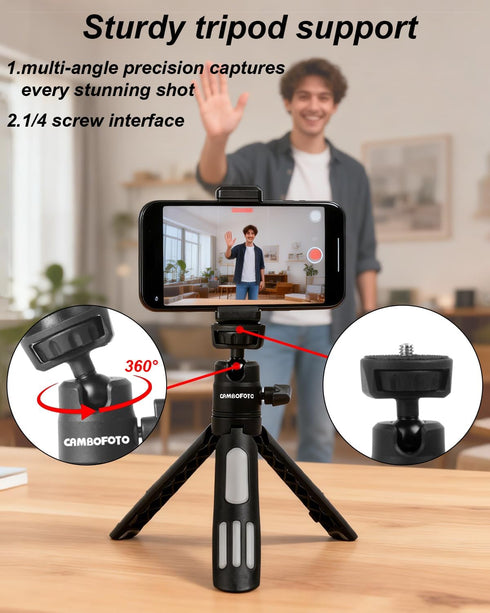 CAMBOFOTO Mini Tripod, Compact Lightweight Stand for Vlogging, Live Streaming, Stable Durable Celephone Tripod, Ideal