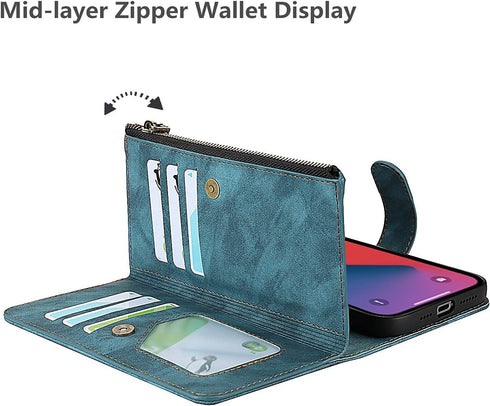 iCoverCase iPhone 13 Wallet Case with Card Holder, 2 in 1 PU Leather Magnetic Clasp, Zipper Pocket, Blue