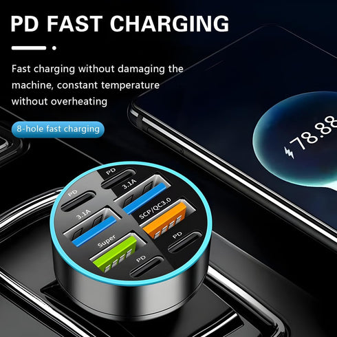 8 Ports 66W Car Charger - 12-24V Super Fast Charging with USB 3.1A PD&QC 3.0 for All Smartphones