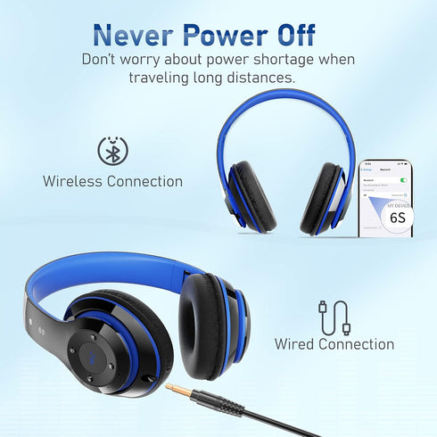 Bluetooth Over Ear Headphones, 6S Foldable Wireless with 40 Hours Playtime, HiFi Stereo Headset with Mic
