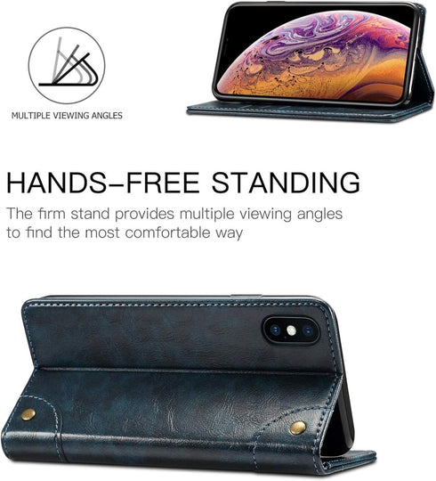 SINIANL iPhone XR Leather Wallet Folio Case, Book Design Flip Cover with Stand, ID Credit Card Slot, Blue