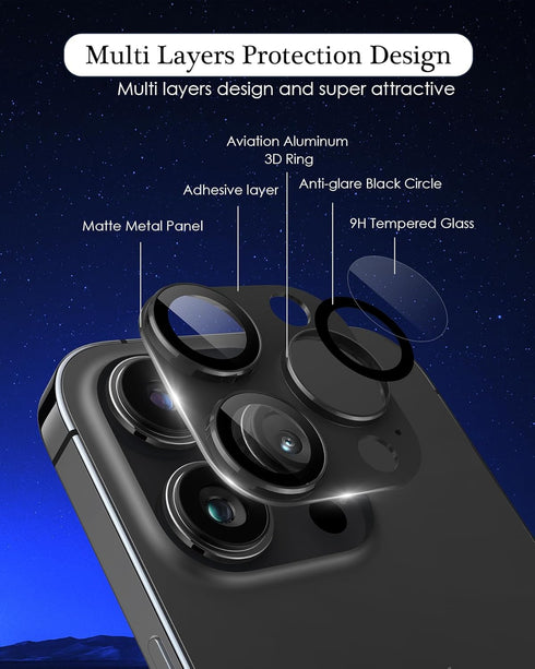 3D Metal Tempered Glass Camera Lens Protector for iPhone 15 Pro/Pro Max - Anti-Explosion Black Cover