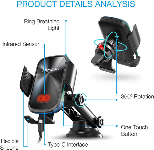 X5 Motorized Qi Car Mount - 15W/7.5W Wireless Charging, Auto Sensing Clamping for iPhone, Android & Galaxy Smartphones