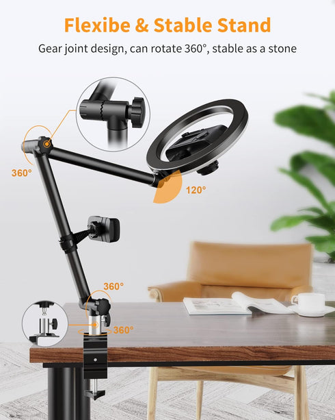 Ring Light with Stand and Phone Holder - USB 10'' Ring Light for Desk, Overhead Camera Mount for