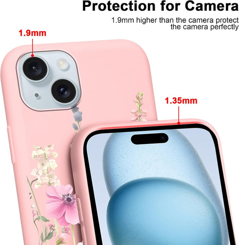 lioscre 2 Pack 15 6.1'', Cute Floral Phone Case for iPhone Flower Pattern Print Aesthetic Design Soft Pink Silicone