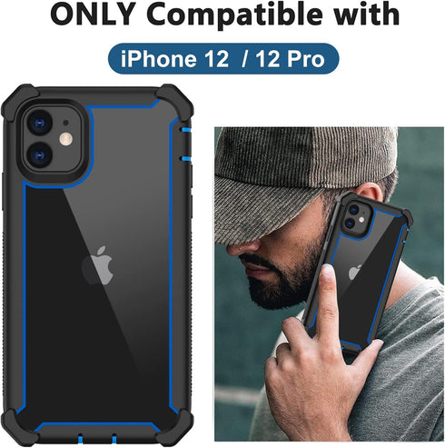 for iPhone 12 Case, iPhone 12 Pro Case,with Screen Protector Heavy Duty Drop Protection, Full Body Rugged Shockproof Tough Protective Phone Cover for Apple iPhone 12/12 Pro (Black Blue-C)