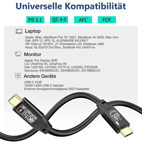 20Gbps USB C 3.2 Gen 2 Cable, Type C 4K@60Hz UHD Video 5A/240W PD3.1 Fast Charge Compatible with Thunderbolt 3/4 (3M)