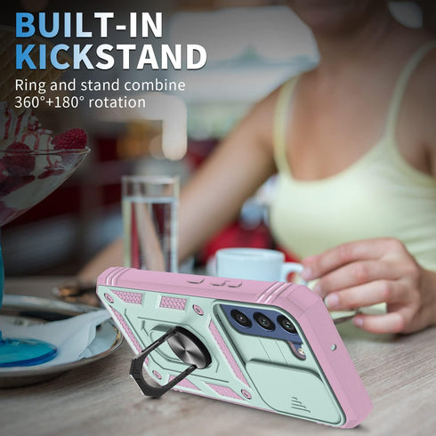 Case for Galaxy S22, Shockproof Impact Resistant with Slide Lens Protective Cover Case for Samsung Galaxy S22 4G/5G 6.1 inch (Pink Green)