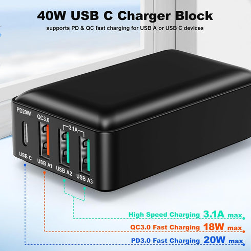 USB C Wall Charger 40W, Excgood 4-Port USB Charging Block, Flat Foldable Wall Plug PD+QC Power Adapter for iPhone 16 15
