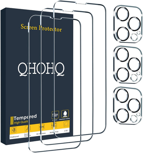 QHOHQ 3 Pack Screen Protector for iPhone 13 Pro 6.1 Inch with Tempered Glass Camera Lens Protector, Ultra HD, 9H