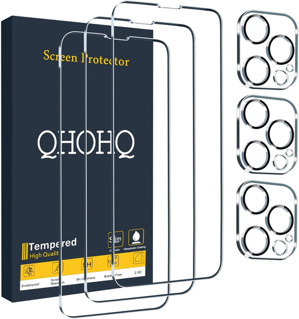 QHOHQ 3 Pack Screen Protector for iPhone 13 Pro 6.1 Inch with Tempered Glass Camera Lens Protector, Ultra HD, 9H