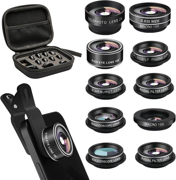 Cell Phone Camera Lens Kit - 11 in 1 Super Wide Angle, Macro, Fisheye, Telephoto, CPL & More for iPhone/Samsung