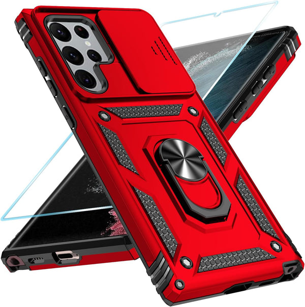 SunStory Military-Grade Case for Samsung Galaxy S22 Ultra with HD Screen Protector, Kickstand & Slide Camera Cover, Red