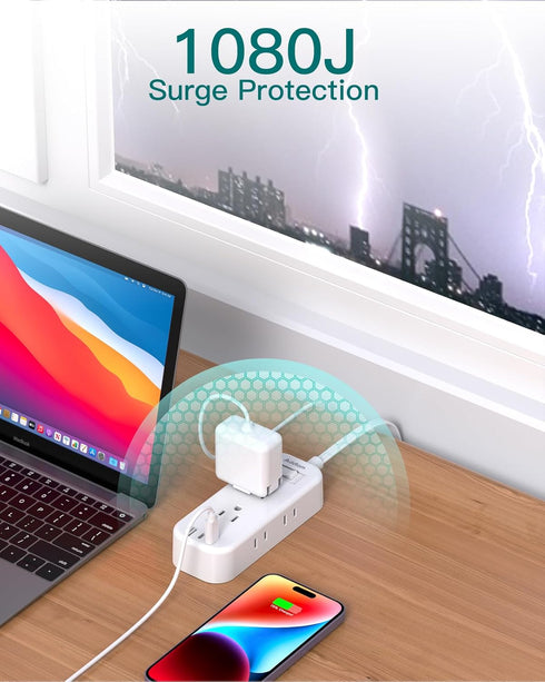 Extension Cord 15 ft - Power Strip Surge Protector with 6 AC Outlet Extender and 3 USB Ports for Home College Dorm