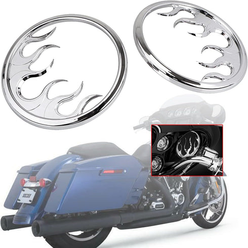 1 Pair Front Chrome Motorcycle Flame Speaker Grill Accent Trim Cover for Harley Touring Electra Street Glide Ultra