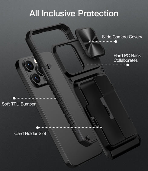 iPhone 15 Pro Max Case - Rugged Black Wallet Case with Card Holder, Kickstand & Slide Camera Cover, Military Grade