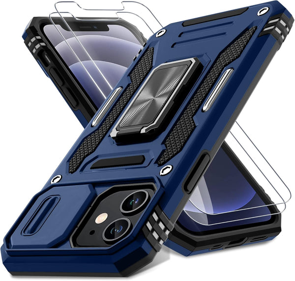 DEERLAMN iPhone 12 Case with Slide Camera Cover + Screen Protector (2 Packs), Military Grade Shockproof Protective