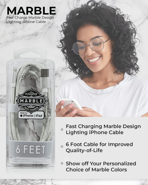 LIQUIPEL Powertek MFi Certified 6ft Lightning to USB Charger for iPhone & iPad, Fast Charging, Marble Grey Cable.