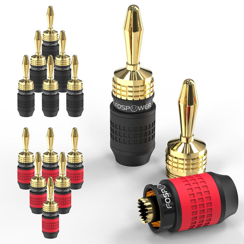FosPower Deadbolt Banana Plugs 6 Pairs / 12 pcs, Screwless Type 24k Gold Plated Banana Speaker Plug Connectors for