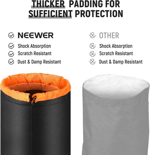 (4 Packs, 4 NEEWER Camera Lens Pouch Sizes) Thick Protective Bag with Drawstring Design, Orange Interior, Soft Plush