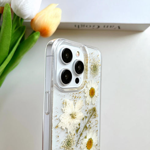 iPhone 15 Pro Max Clear Case with Glitter White Floral Design, Slim Soft TPU, Pressed Real Flowers, Women's Phone Cover.