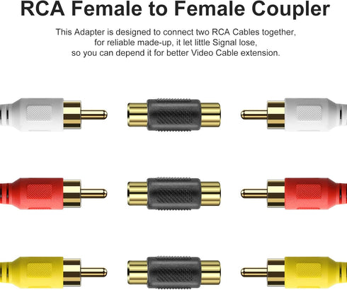 RCA Female to Female Coupler 3 Pack Audio Video RCA Adapter Connector for Amplifier, Speaker, TV - Gold Plated