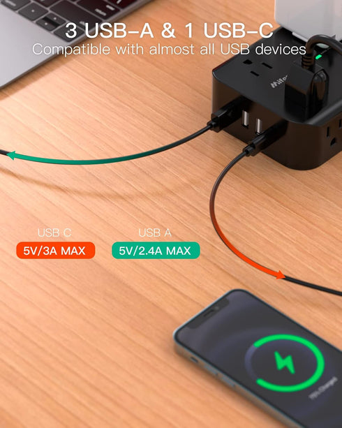 Extension Cord 10 FT - Flat Plug Power Strip Surge Protector with 8 Outlets and 4 USB Ports, Indoor Home Office