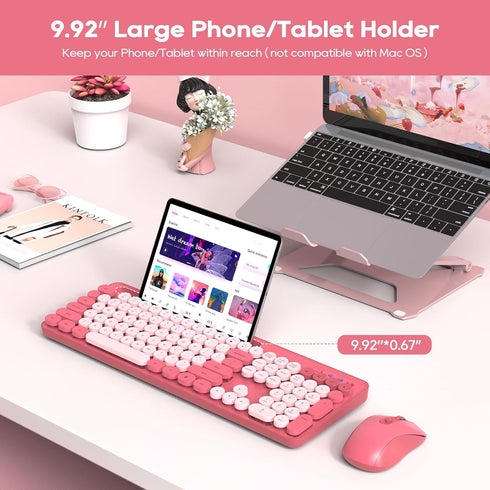 Wireless Keyboard and Mouse Combo, Retro Round Keycaps, Cute Full-Size Typewriter Keyboard with Phone Holder, 2.4GHz