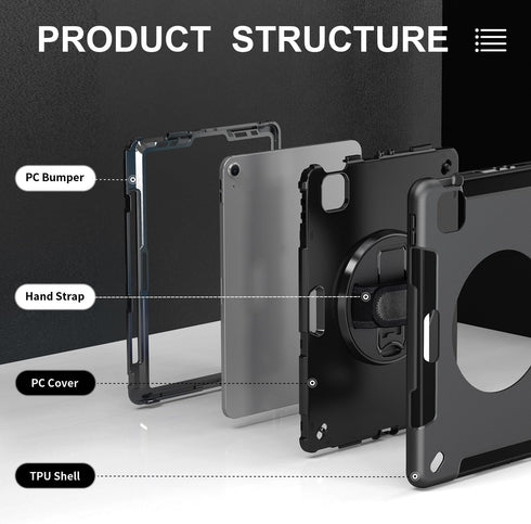 Protective Case for iPad Air 6th Generation 11-inch M2 2024, with Kickstand/Hand Strap/Shoulder Strap/Pencil