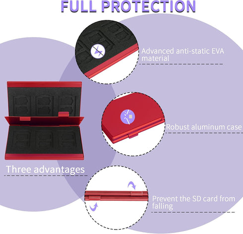 LAVILI SD Card Holder Case, Aluminum Alloy Hard Shell, Double-Layer for 6SD & 12 TF Cards, Red Color