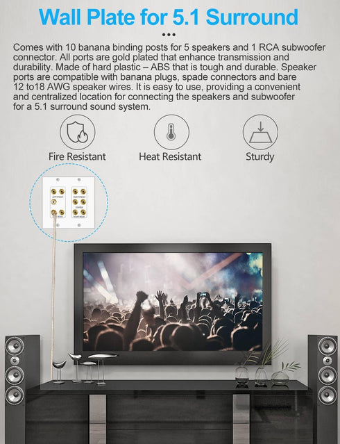 ICESPRING 5.1 10 5 1 Home Theater Surround Sound Distribution Wall Plate Banana Binding Post Coupler for Speakers