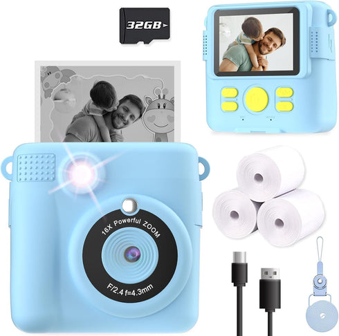 Kids Camera Instant Print, Christmas Birthday Gifts for Ages 3-12, Selfie Digital Camera with 1080P Videos, Blue