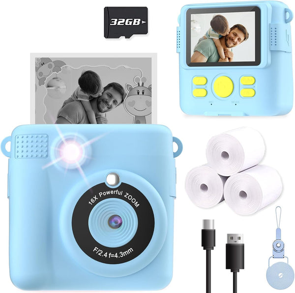 Kids Camera Instant Print, Christmas Birthday Gifts for Ages 3-12, Selfie Digital Camera with 1080P Videos, Blue