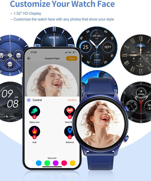RIVERSONG Smartwatch for Men Women, 1.52" Fitness Watch, Heart Rate/Sleep/Blood Oxygen Monitor, AI Voice, Navy Blue