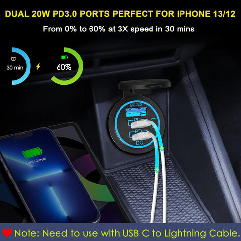 USB C Car Charger Socket, 58W Dual 20W PD3.0 USB-C and 18W QC3.0 Car USB Port with Power Switch