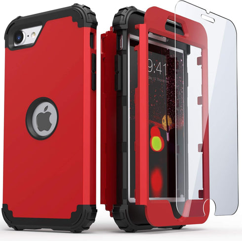 IDweel iPhone SE 2020 Case with Screen Protector, Sturdy 3 in 1 Shock Absorption Slim Fit Heavy Duty Cover (Red)