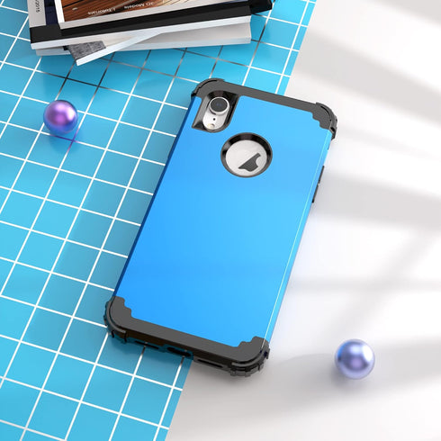 IDweel for iPhone XR Case with Tempered Glass Screen Protector,3 in 1 Shockproof Slim Hybrid Heavy Duty Hard PC Cover Soft Silicone Bumper Full Body Case,Sky Blue