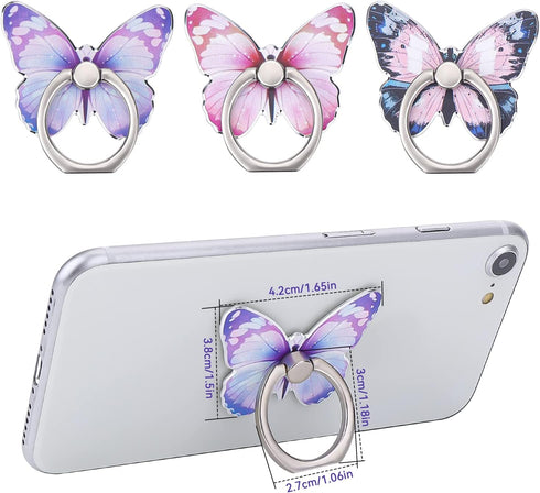 Cobee 3 Pcs Butterfly Cell Phone Ring Stand Holder, Cute Butterfly Pattern Painted Metal Finger Stand Kickstand 360°Rotation Phone Ring Holder Stand Ring Hand Grip with Knob Loop (Blue, Purple, Pink)