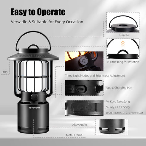 Outdoor Bluetooth Speakers, LED Flame Light, Wireless Portable Speaker, IP65 Waterproof for Camping/Patio