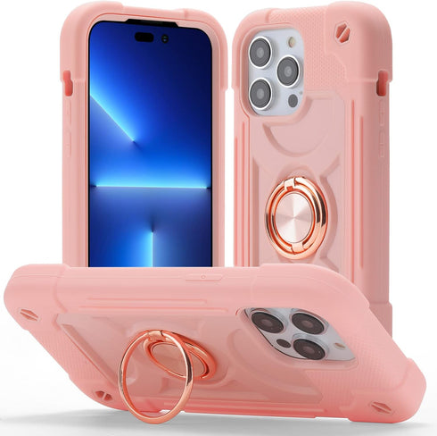 JIFVIK Pink Compatible iPhone 13 Pro Max Case, Full Body Armor Cover with Ring Kickstand, Heavy Duty Protection