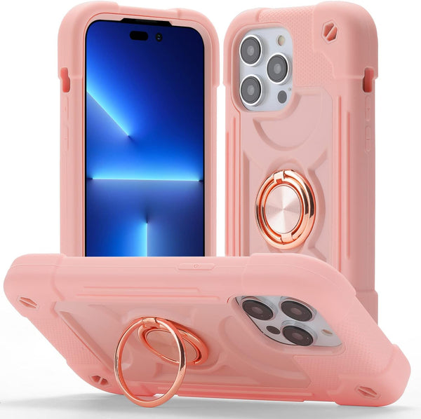 JIFVIK Pink Compatible iPhone 13 Pro Max Case, Full Body Armor Cover with Ring Kickstand, Heavy Duty Protection