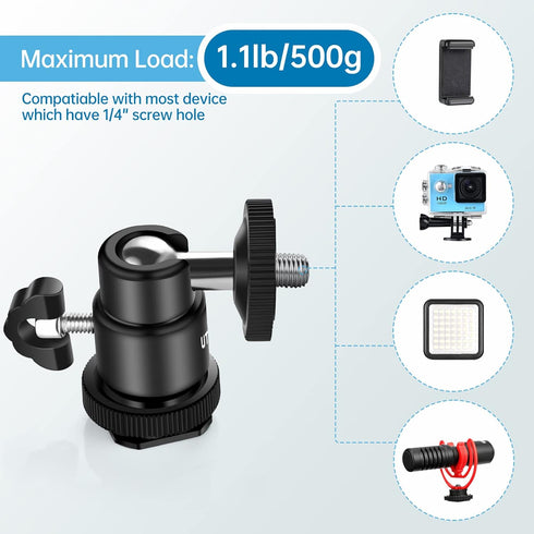 12MM Tripod Ball Head, UTEBIT 360 Rotatable Metal Mini Ball Head with 1/4" Hot Shoe, Camera Mount Adapter for Sport