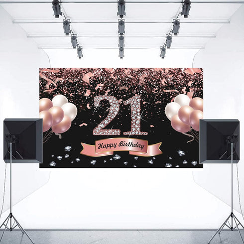 Trgowaul 21st Birthday Decorations - Rose Gold Backdrop 5.9 x 3.6 Ft for Women Happy 21st Banner