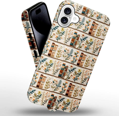 Generic 16,Embroidery Case for iPhone Floral Bookshelf Phone Case Slim Silicone Shockproof Cover for Girls WomenGlossy