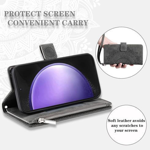 Samsung Galaxy S23 FE 5G Wallet Case with Mandala Flower, Tempered Glass Protector, Wrist Strap, and Card Holder - Grey.