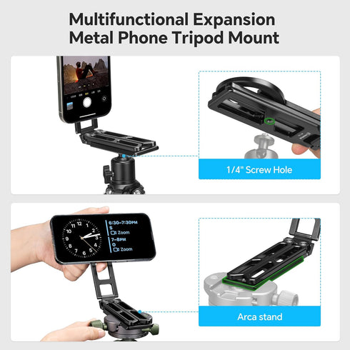 FANAUE 1/4" iphone16 15 14 13 12 Adjustable Phone Tripod Stand, Foldable Magnetic Cell Phone Holder with Arca-Swiss
